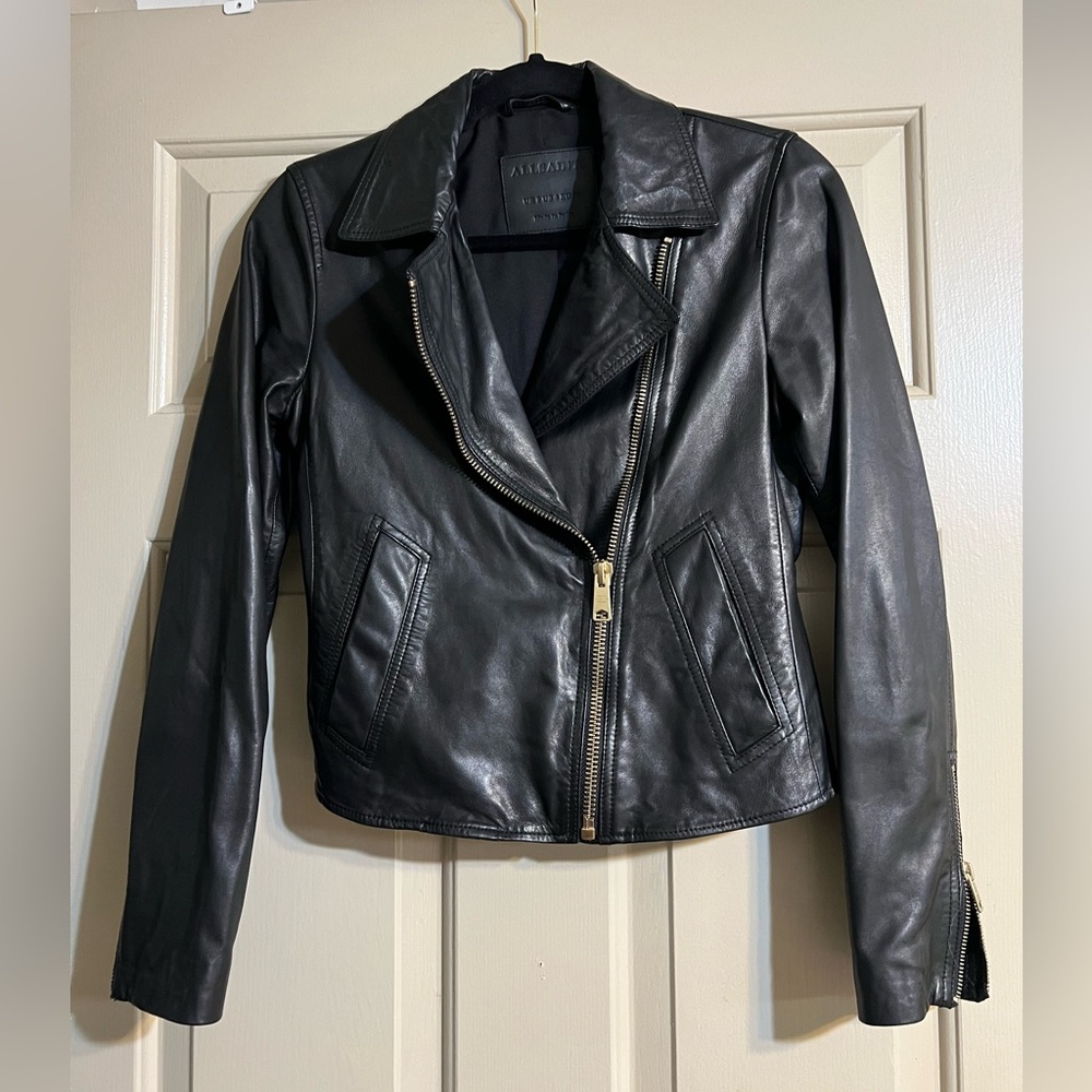 AllSaints Black Leather Moto Jacket with Gold Zippers